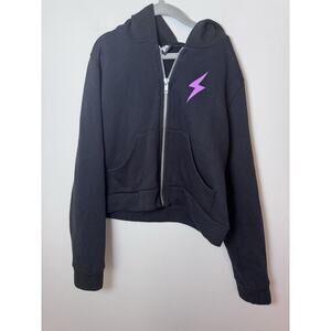 Pixie Lane Girls Black Zip Up Hoodie Girls Sz 11/12 Pink Lightening Bolt EUC